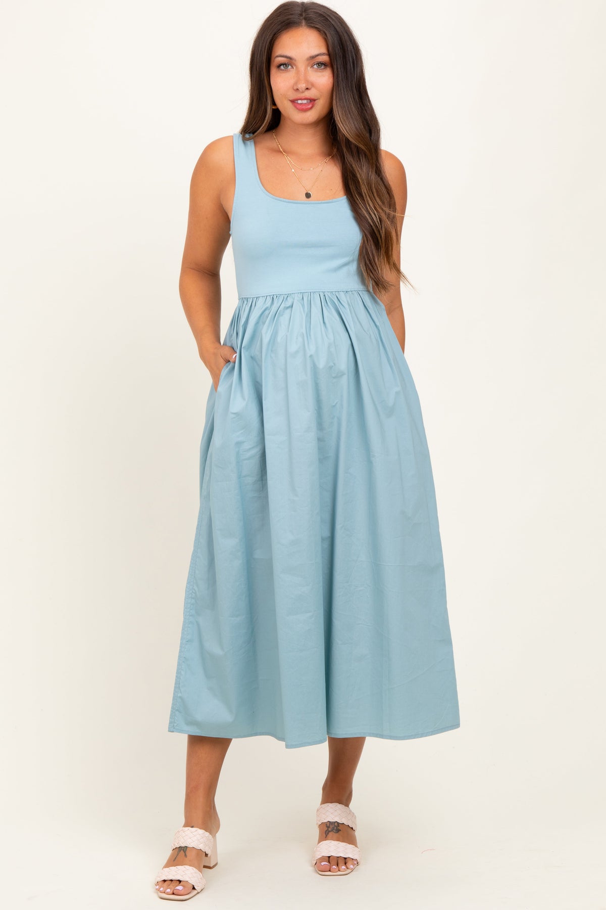 Light Blue Contrast Sleeveless Square Neck Maternity Midi Dress