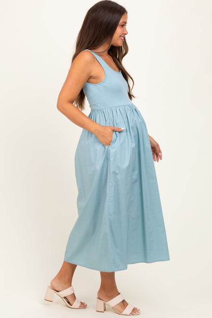 Light Blue Contrast Sleeveless Square Neck Maternity Midi Dress