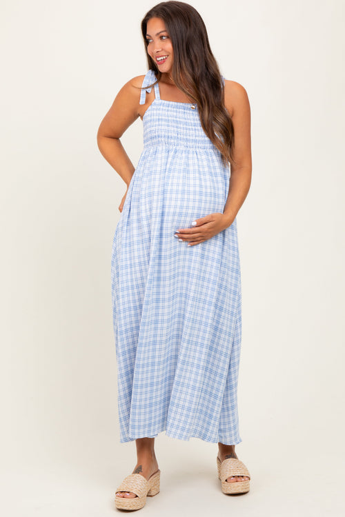 Blue Plaid Smocked Shoulder Tie Maternity Maxi Dress