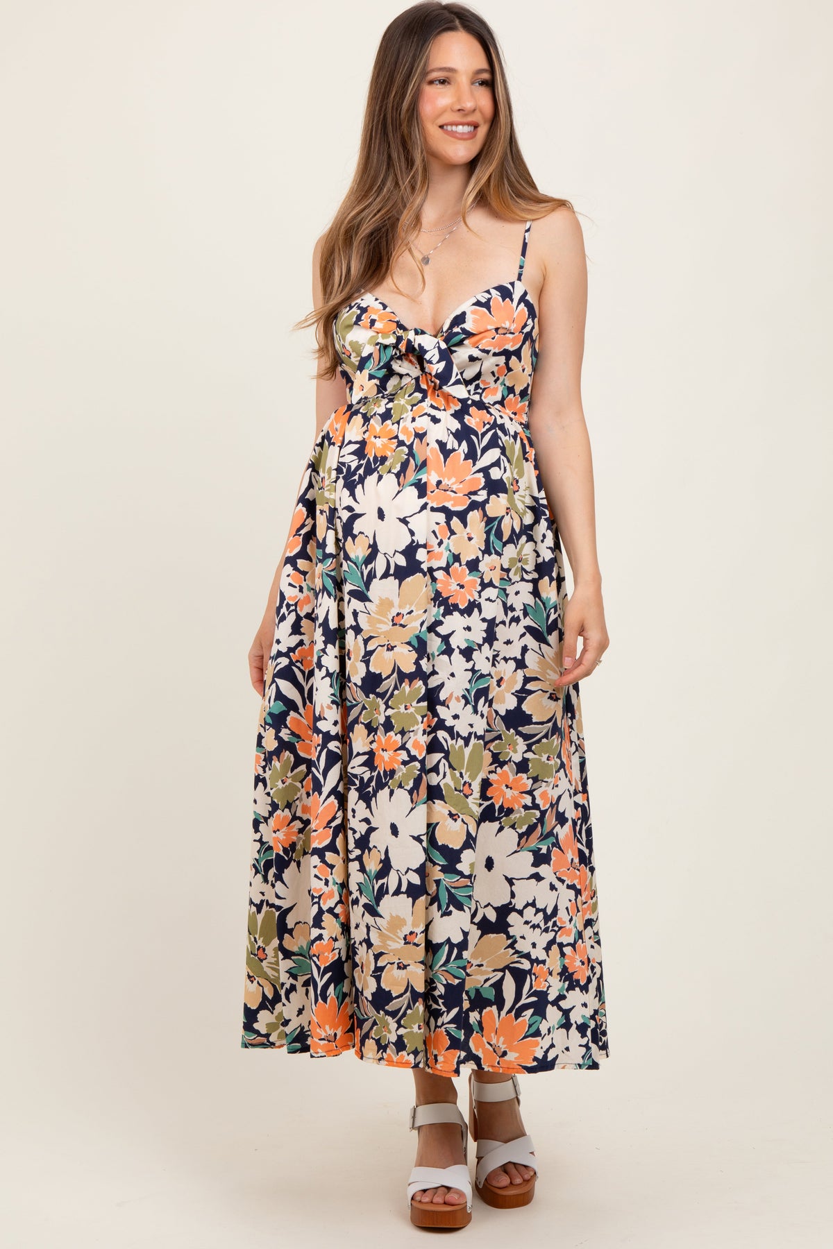 Navy Multi Floral Front Tie Sleeveless Maternity Midi Dress