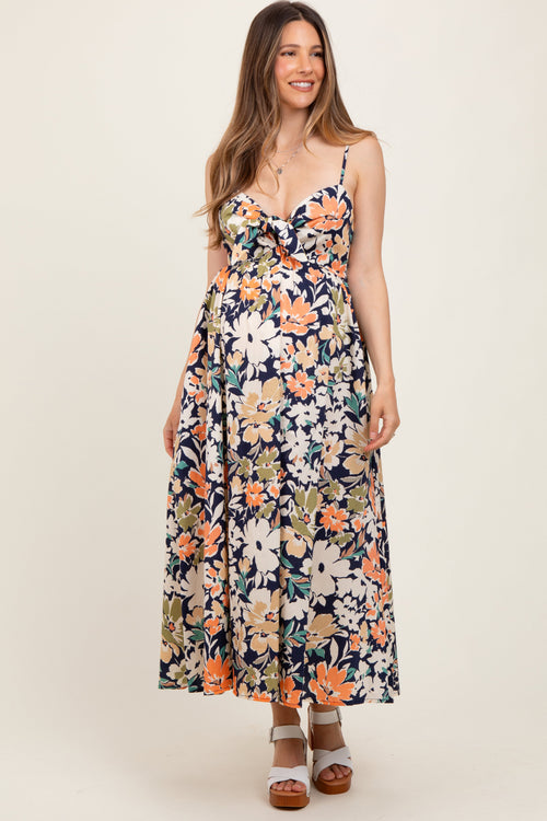 Navy Multi Floral Front Tie Sleeveless Maternity Midi Dress