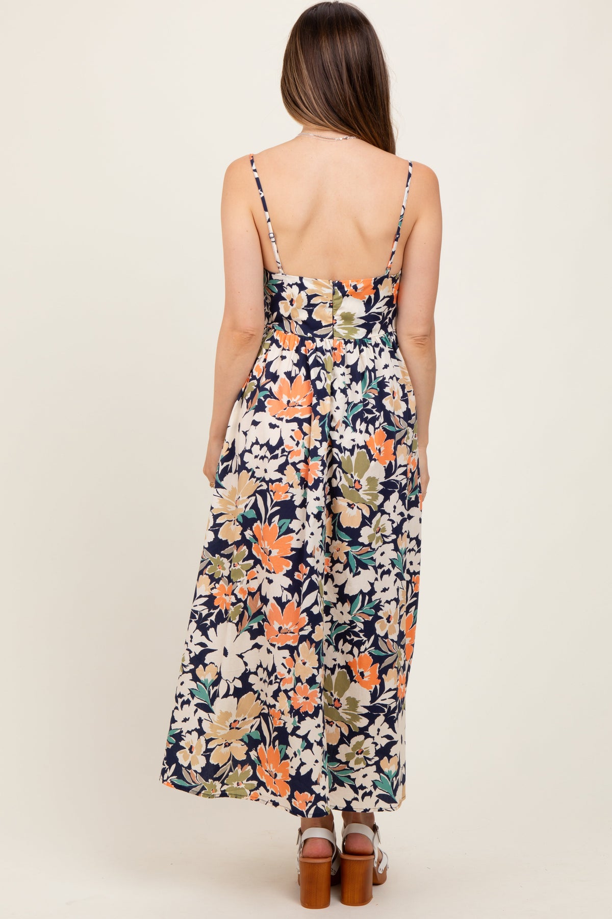 Navy Multi Floral Front Tie Sleeveless Maternity Midi Dress