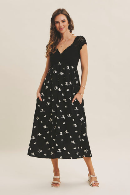 Black Crochet Sweater Floral Embroidery Maternity Midi Dress