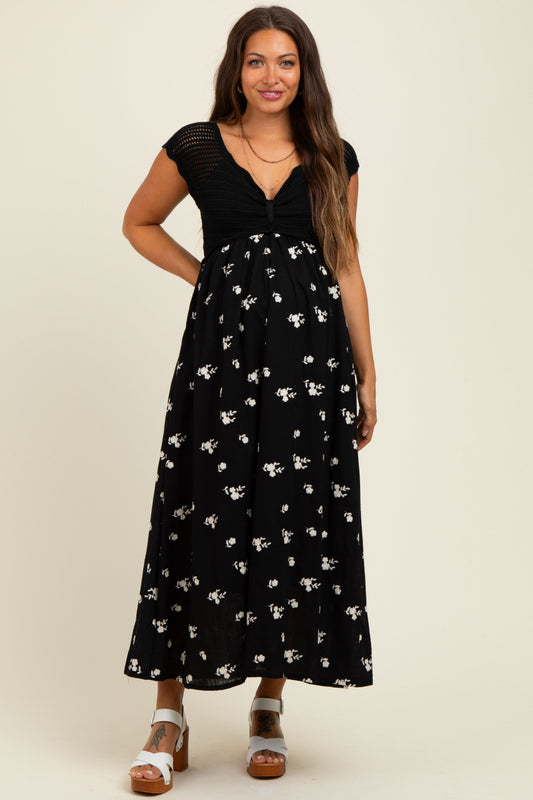 Black Crochet Sweater Floral Embroidery Maternity Midi Dress