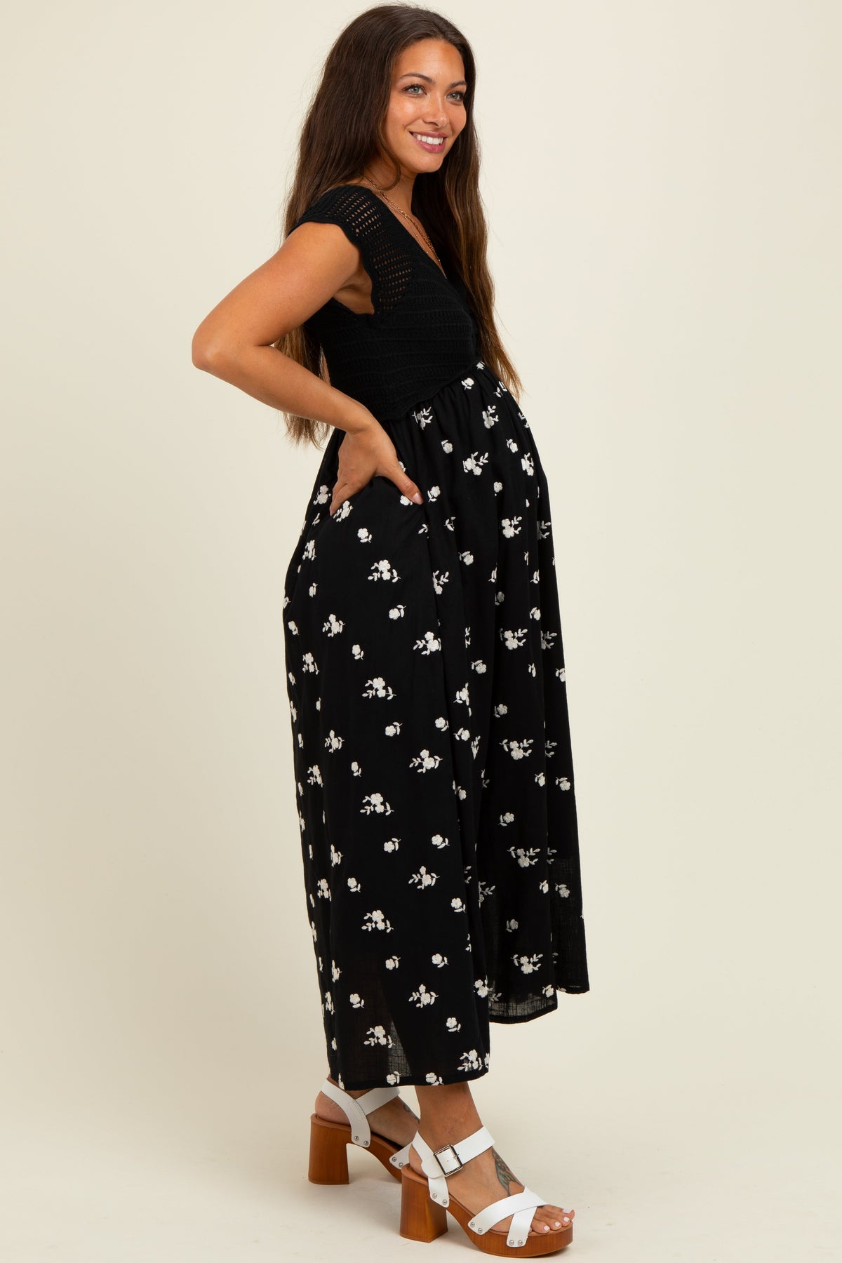 Black Crochet Sweater Floral Embroidery Maternity Midi Dress