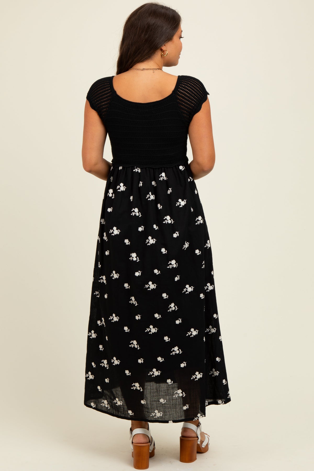 Black Crochet Sweater Floral Embroidery Maternity Midi Dress