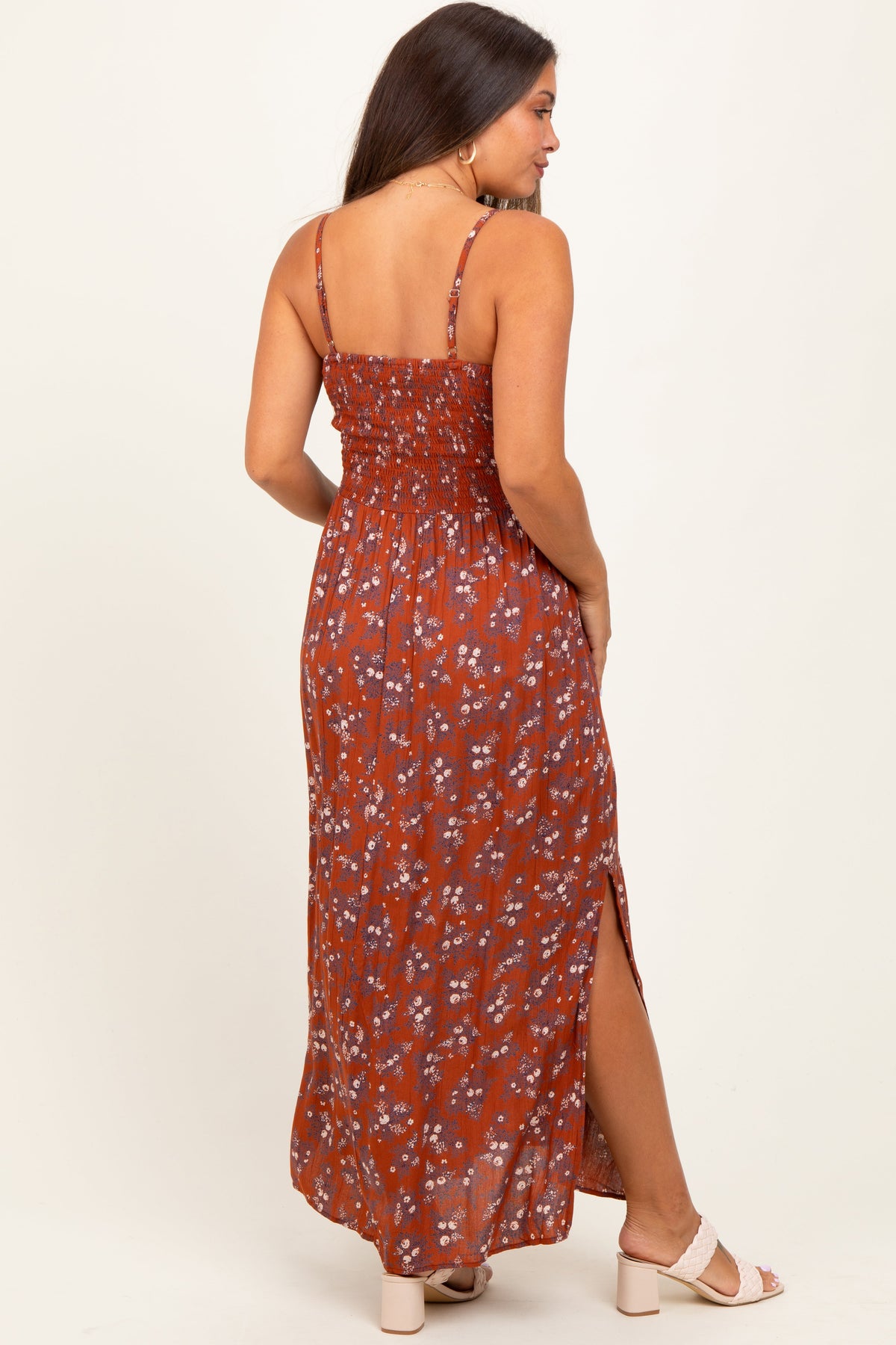 Rust Floral Twist Front Cutout Maternity Maxi Dress