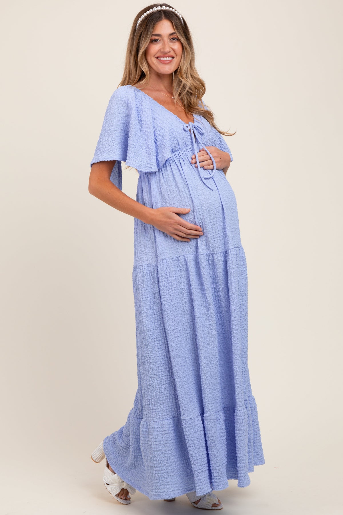 Light Blue Woven Textured Flutter Sleeve V-Neck Tiered Maternity Maxi Dress