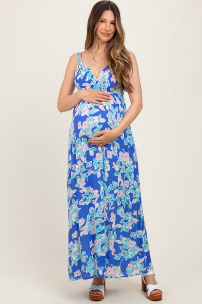 Blue Floral V-Neck Double Strap Maternity Maxi Dress