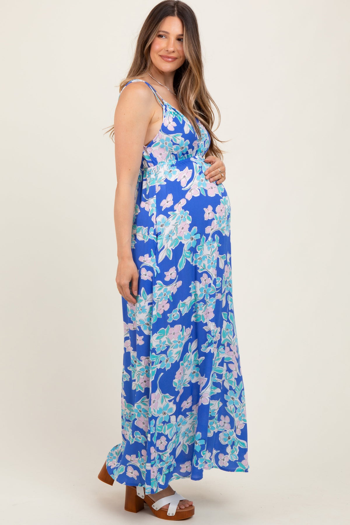 Blue Floral V-Neck Double Strap Maternity Maxi Dress