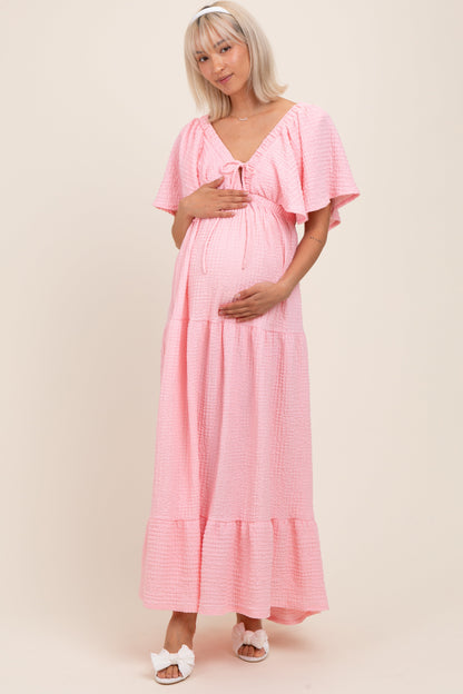 Light Pink Woven Textured Flutter Sleeve V-Neck Tiered Maternity Maxi Dress