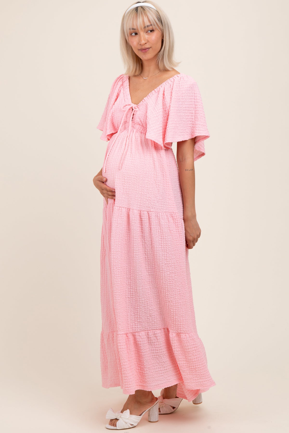 Light Pink Woven Textured Flutter Sleeve V-Neck Tiered Maternity Maxi Dress