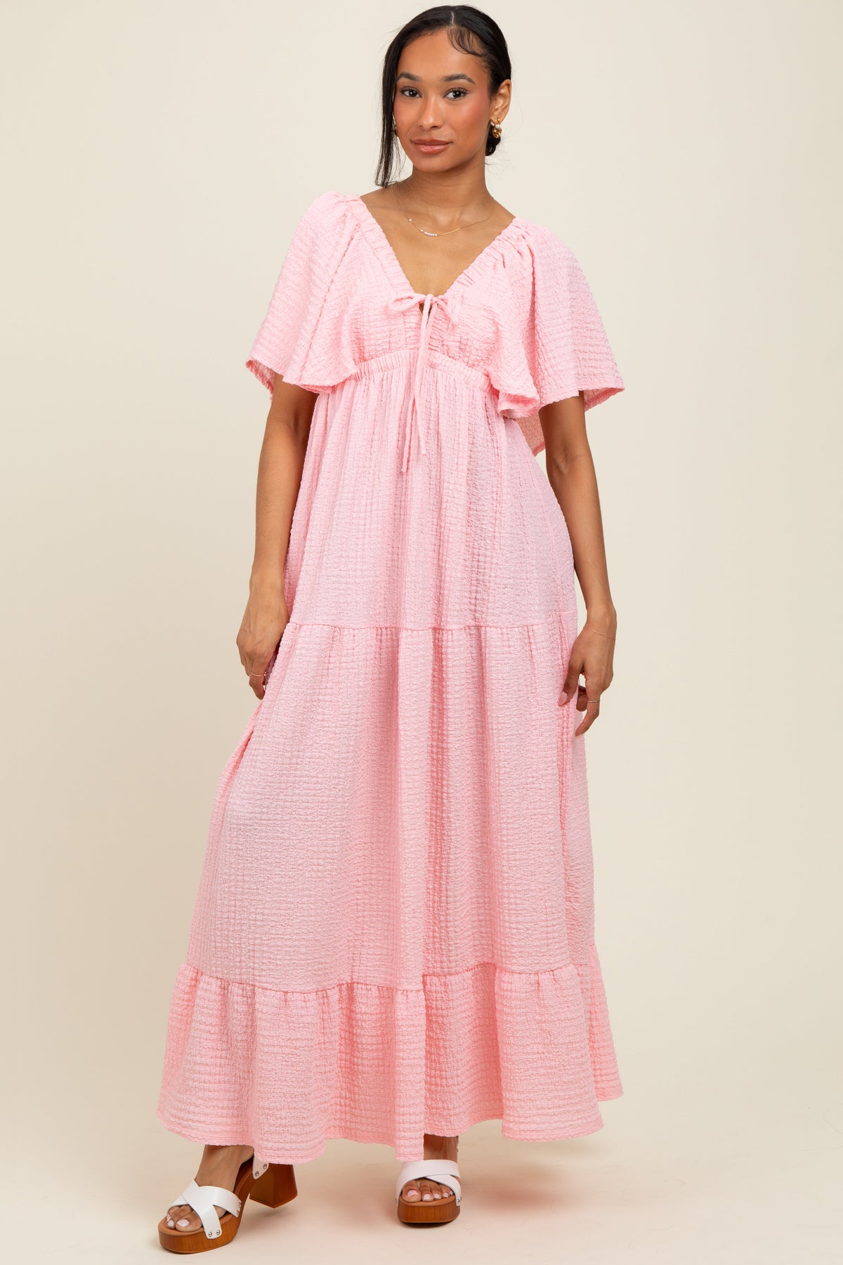 Light Pink Woven Textured Flutter Sleeve V-Neck Tiered Maternity Maxi Dress