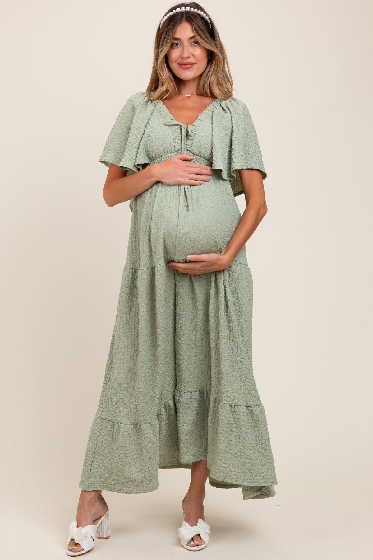 Sage Woven Textured Flutter Sleeve V-Neck Tiered Maternity Maxi Dress
