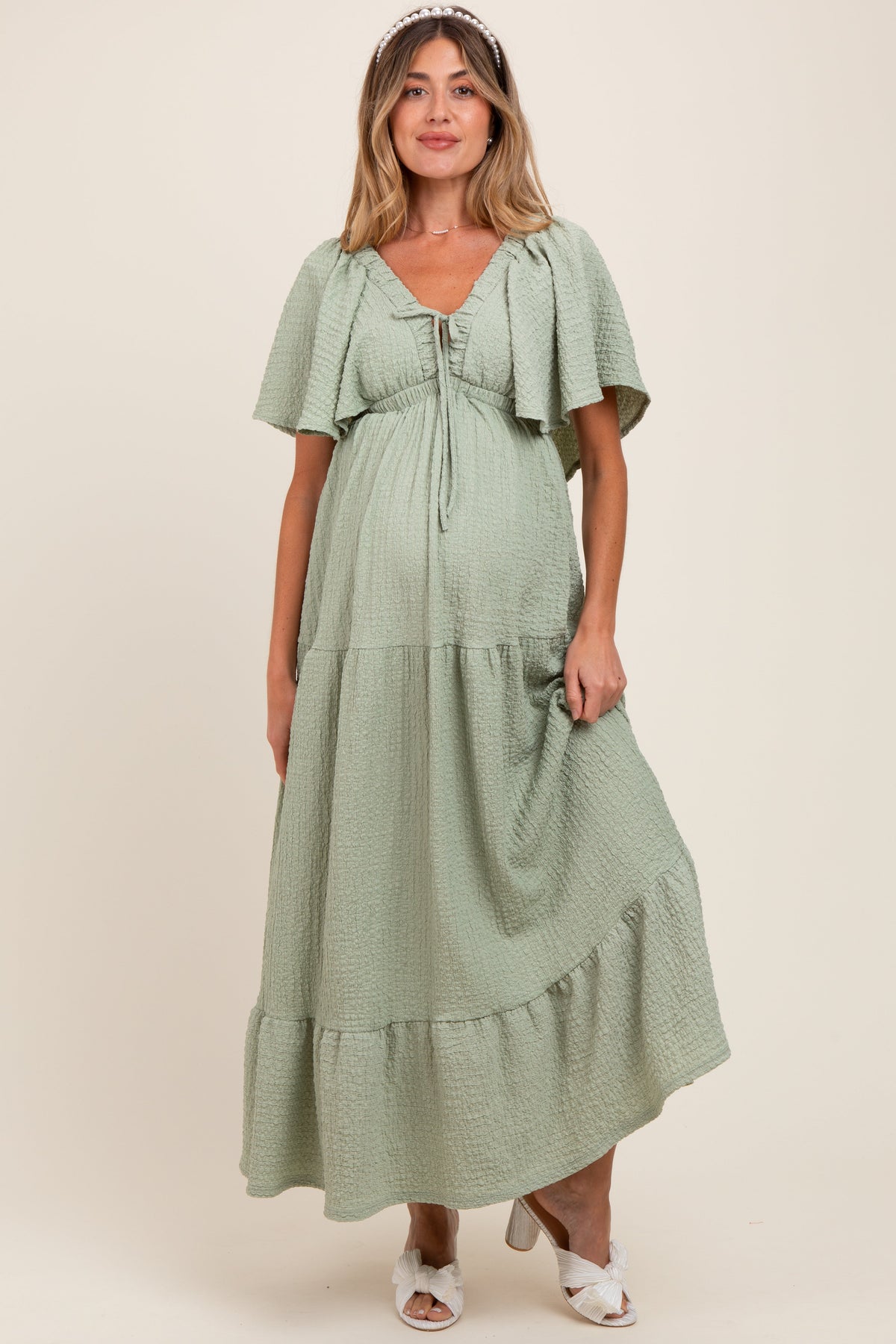 Sage Woven Textured Flutter Sleeve V-Neck Tiered Maternity Maxi Dress