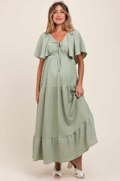 Sage Woven Textured Flutter Sleeve V-Neck Tiered Maternity Maxi Dress