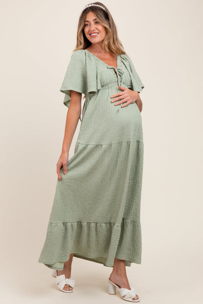 Sage Woven Textured Flutter Sleeve V-Neck Tiered Maternity Maxi Dress
