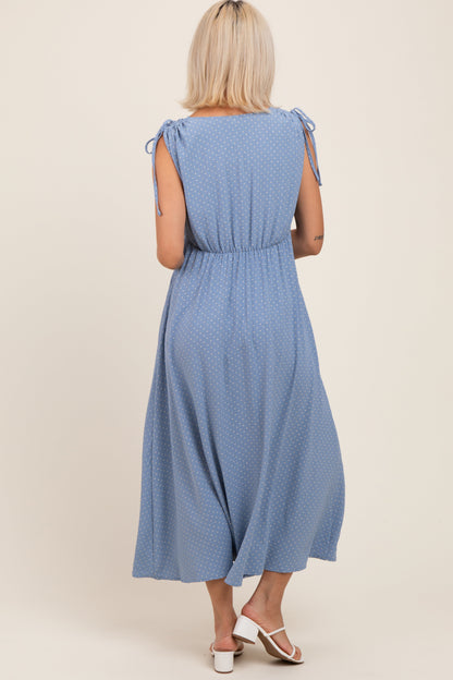 Blue Button-Down Polka Dot Shirred Bow Maternity Midi Dress