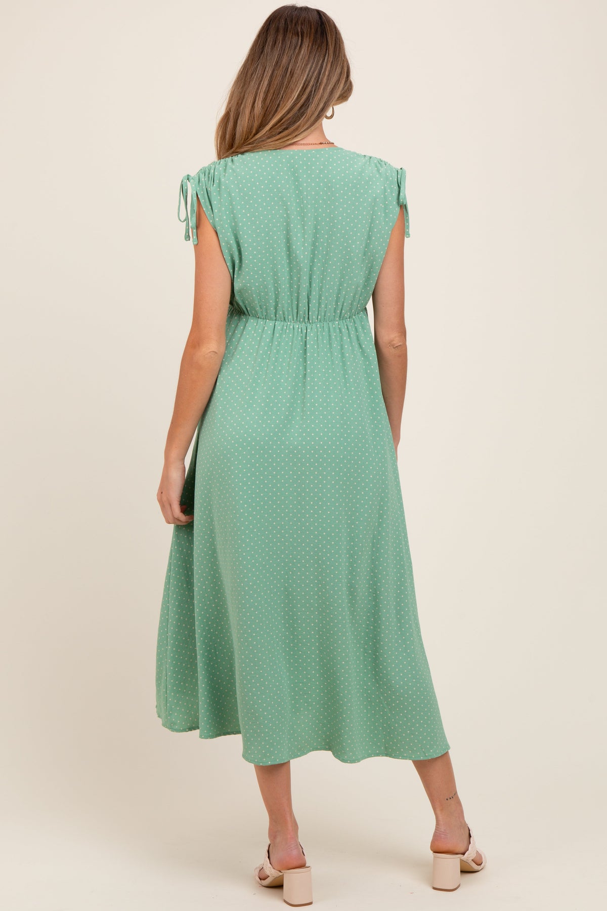 Green Button-Down Polka Dot Shirred Bow Maternity Midi Dress