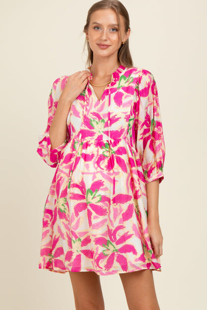Fuchsia Abstract Floral Front Tie 3/4 Sleeve Maternity Dress