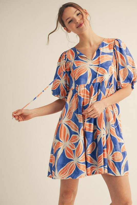 Royal Blue Floral Front Tie Puff Sleeve Maternity Dress