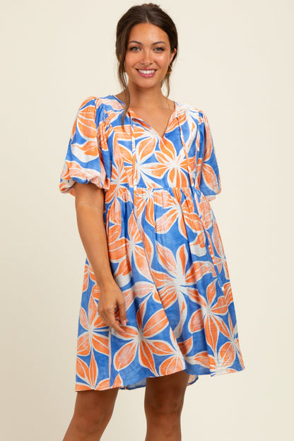 Royal Blue Floral Front Tie Puff Sleeve Maternity Dress