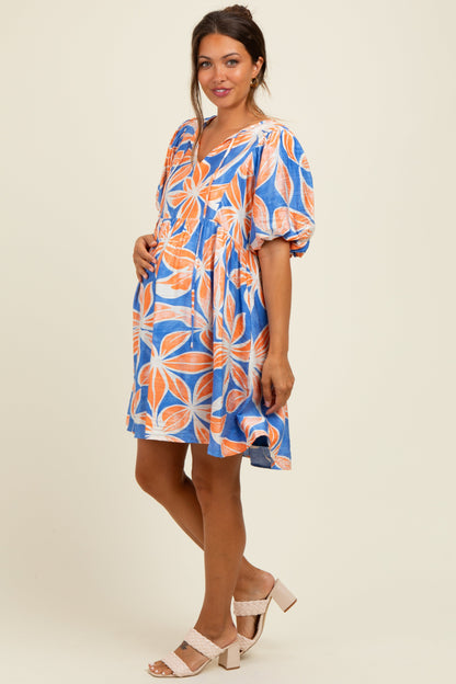 Royal Blue Floral Front Tie Puff Sleeve Maternity Dress