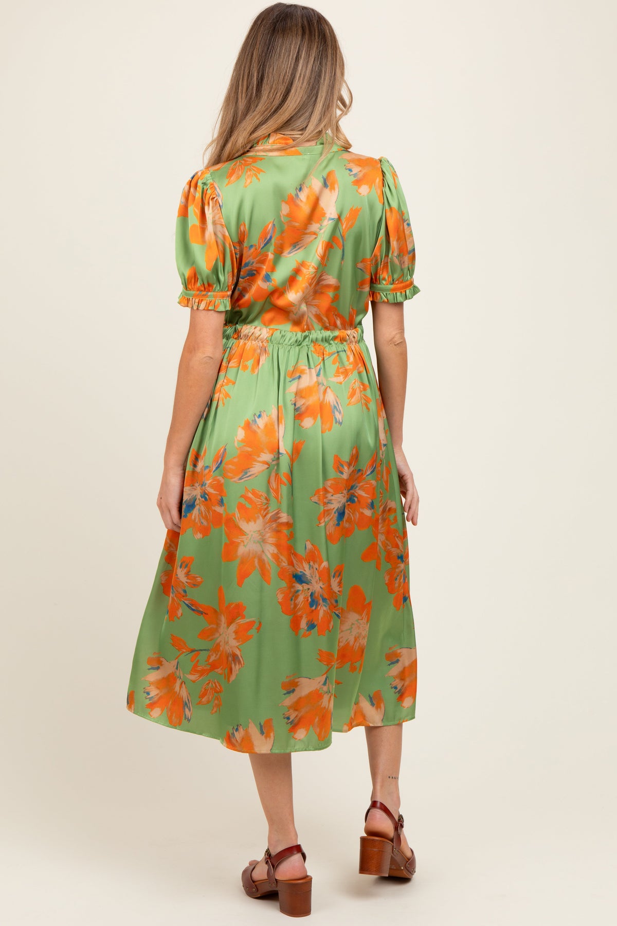 Light Olive Floral Satin Button Down Maternity Midi Dress
