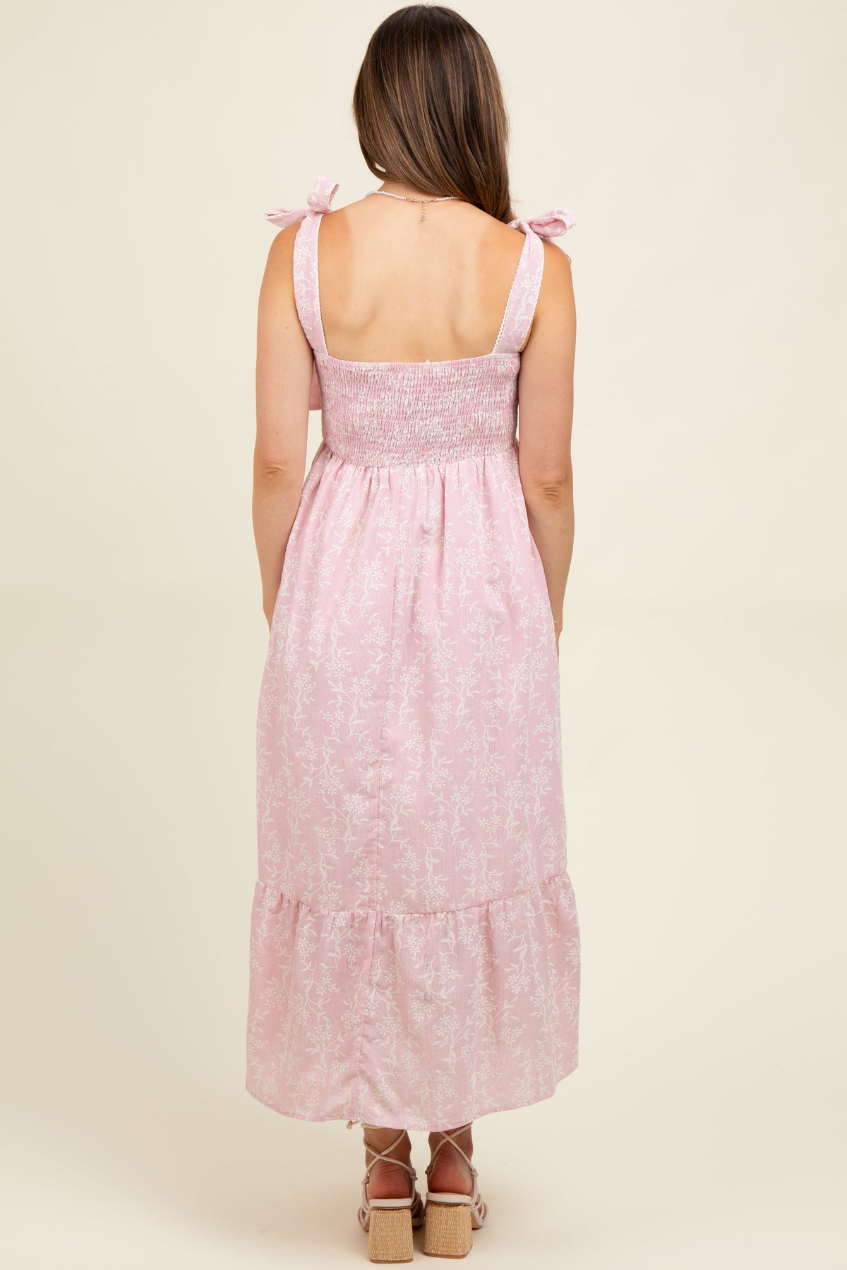 Pink Floral Smocked Shoulder Tie Maternity Midi Dress