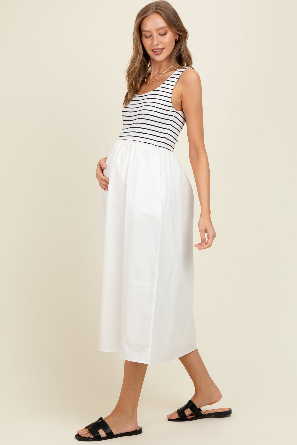 White Striped Contrast Sleeveless Maternity Midi Dress