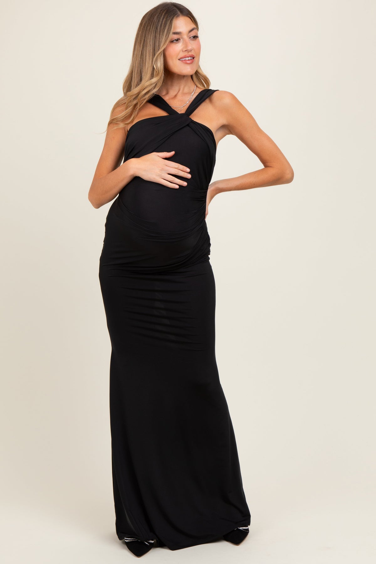 Black Twist Front Ruched Maternity Maxi Dress