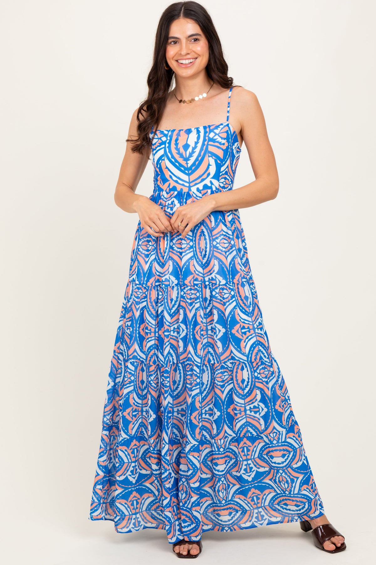 Blue Printed Sleeveless Maternity Maxi Dress