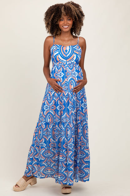 Blue Printed Sleeveless Maternity Maxi Dress
