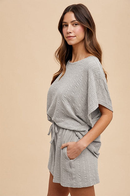Heather Grey Textured Knit Dolman Sleeve Top Shorts Maternity Set
