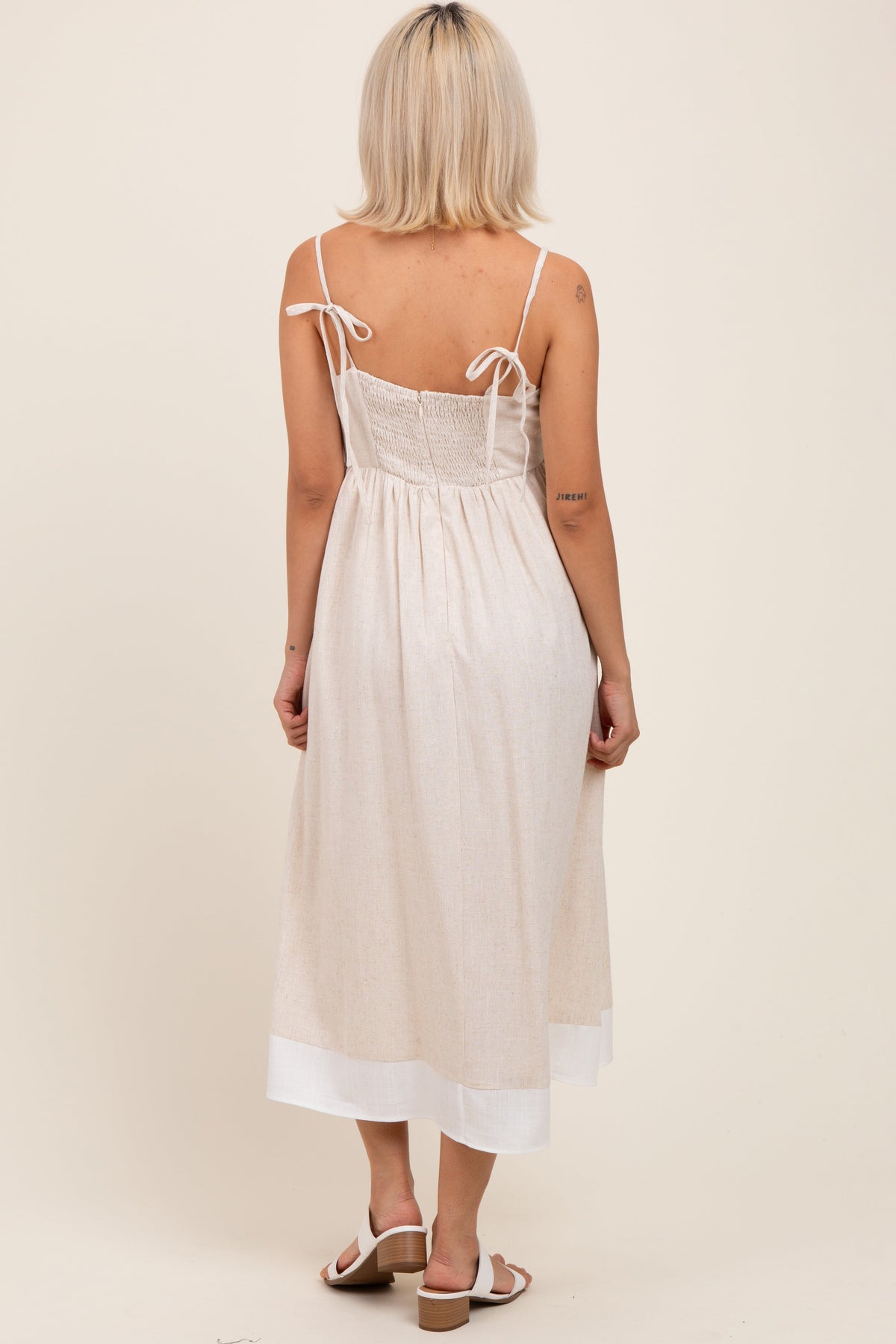 Beige Color Block Back Tie Maternity Midi Dress