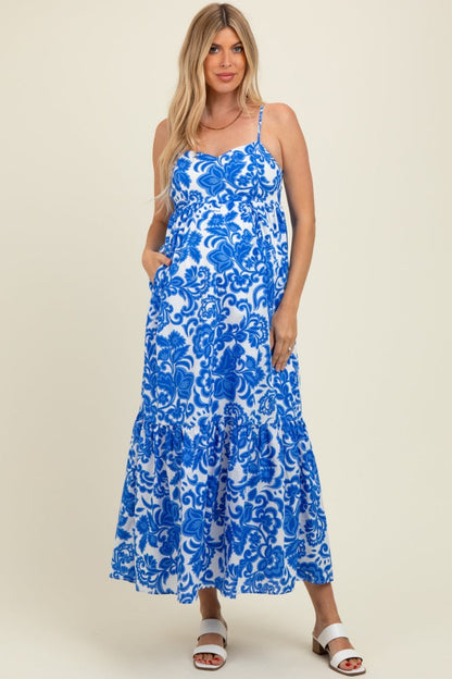 Blue Floral Flowy Ruffle Hem Maternity Maxi Dress