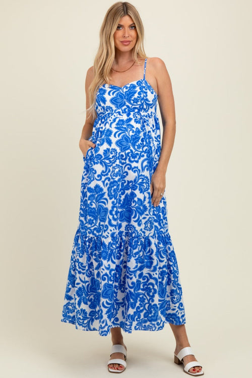 Blue Floral Flowy Ruffle Hem Maternity Maxi Dress