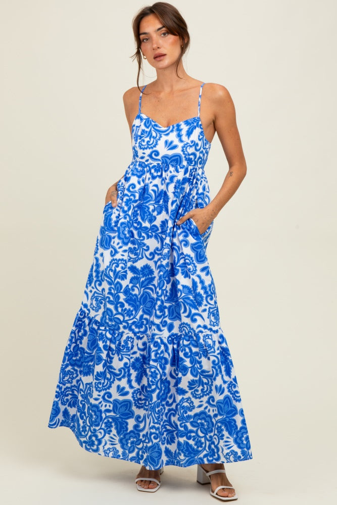 Blue Floral Flowy Ruffle Hem Maternity Maxi Dress
