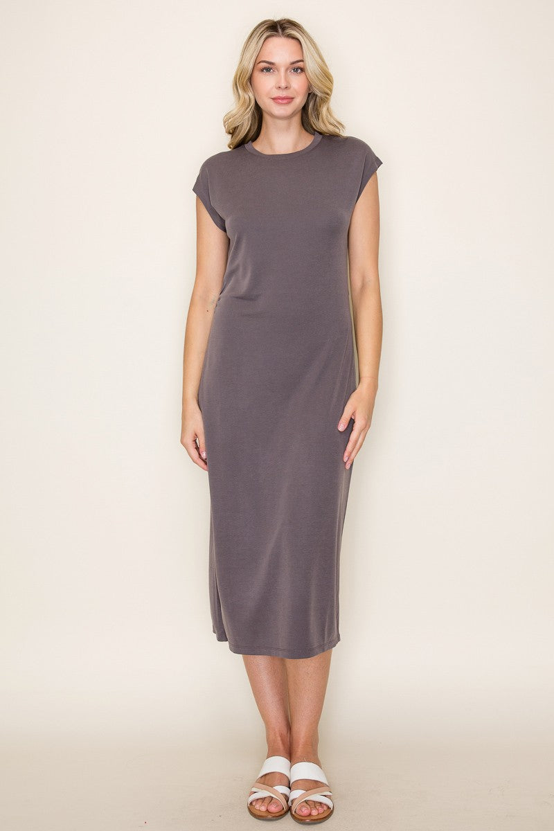 Charcoal Solid Short Sleeve Maternity Midi Dress