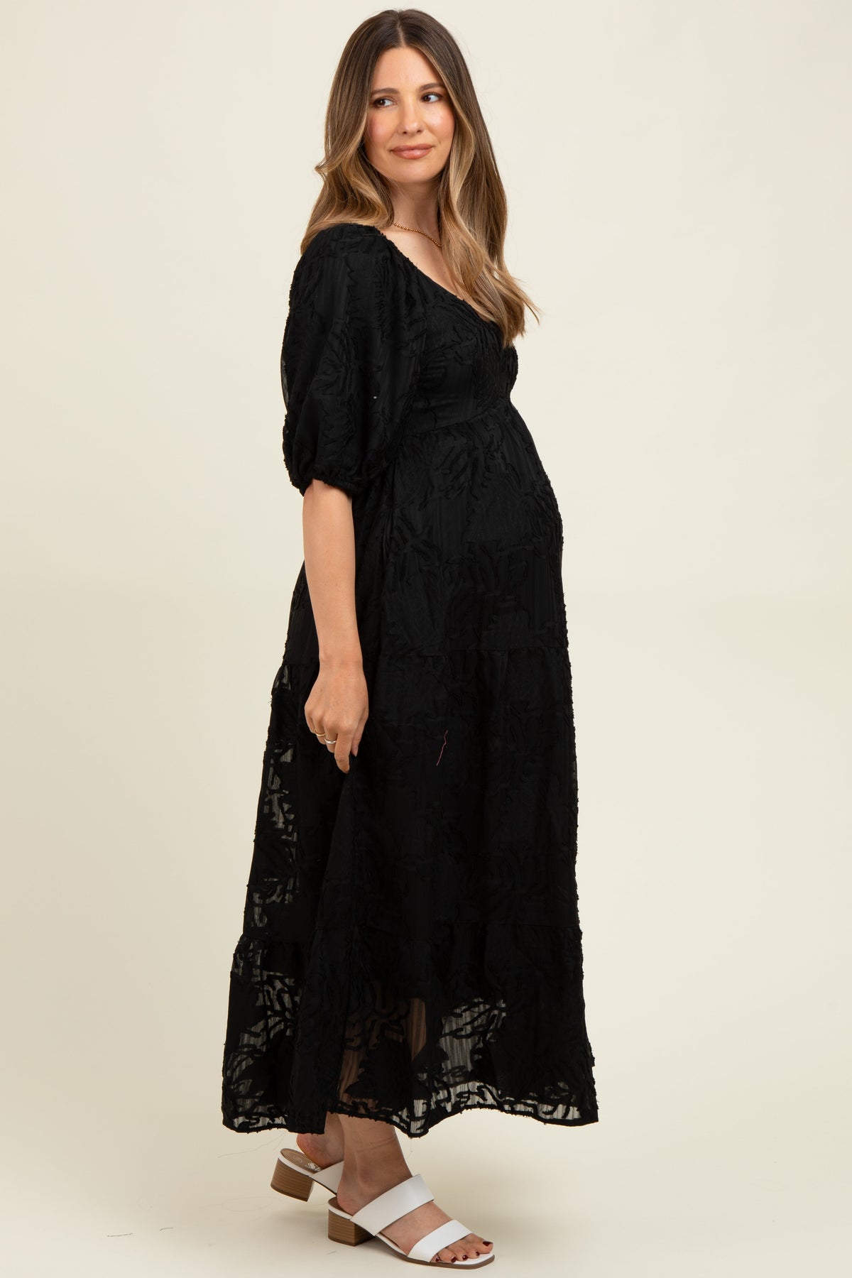 Black Leaf Textured Tiered Midi Maternity Dress
