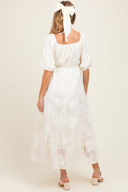 Cream Leaf Textured Tiered Midi Maternity Dress