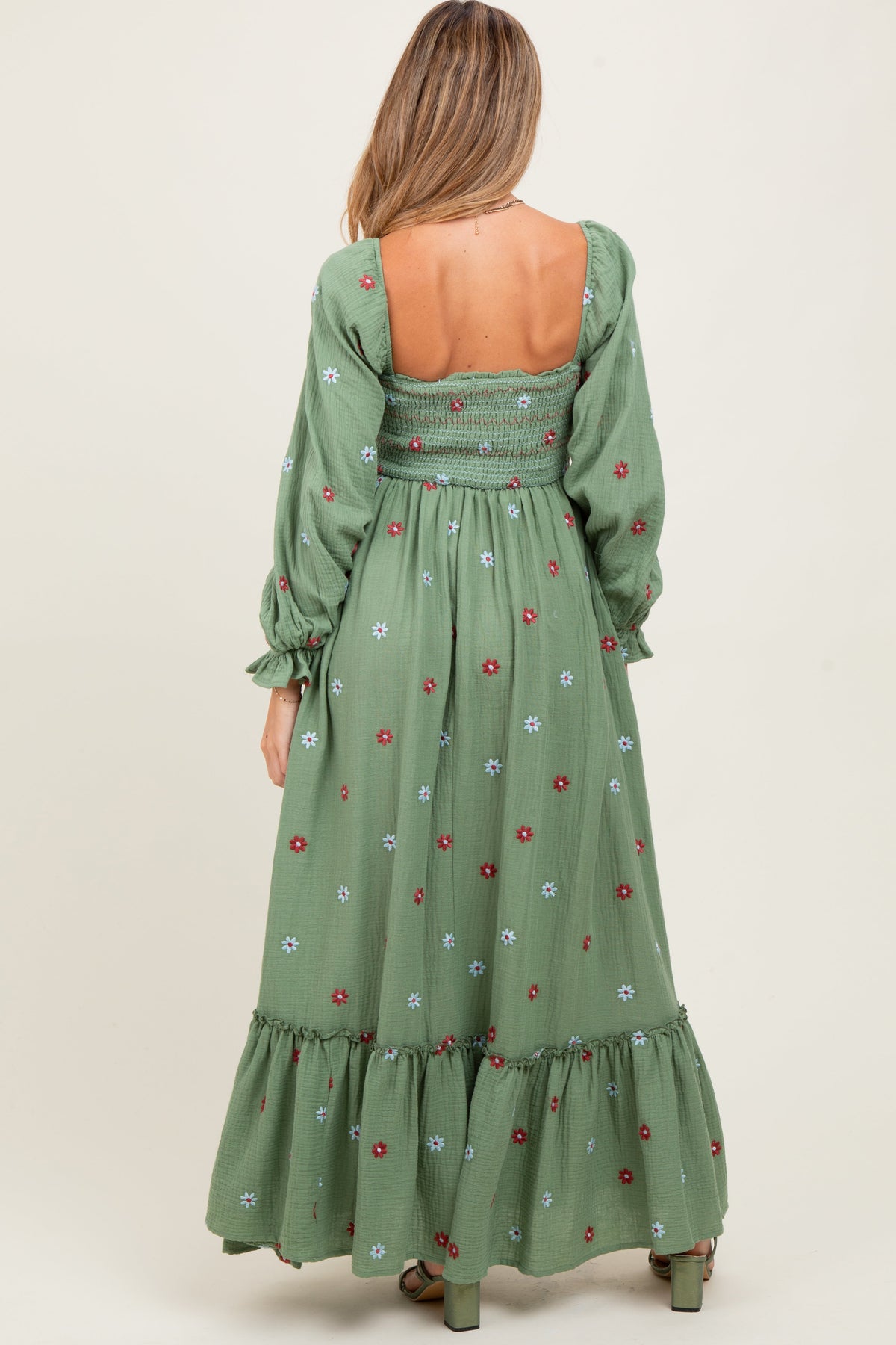 Olive Long Sleeve Floral Accent Maternity Dress