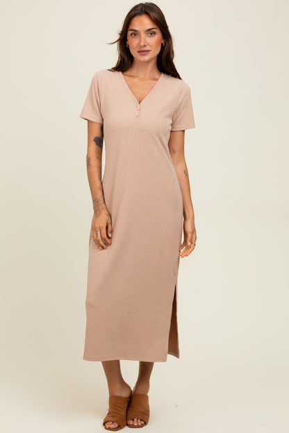 Mocha Ribbed Button Detail Maternity Midi Dress