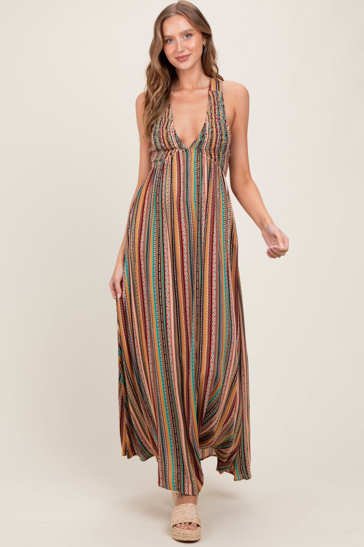 Multicolor Printed Halter Tie Back Cutout Maternity Maxi Dress