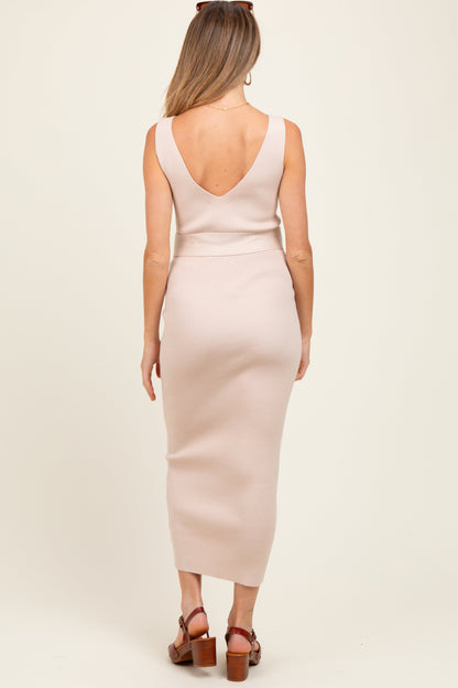 Beige Sleeveless Ribbed Belted Midi Maternity Dress