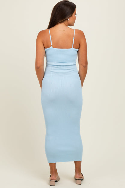 Light Blue Rib Knit Off Shoulder Fitted Maternity Midi Dress