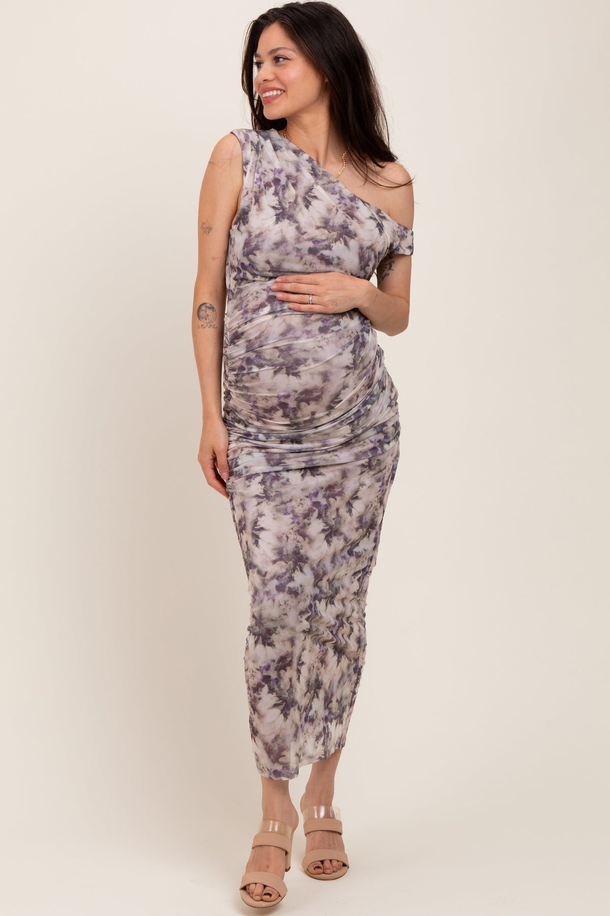 Purple Floral Ruched One Shoulder Maternity Midi Dress