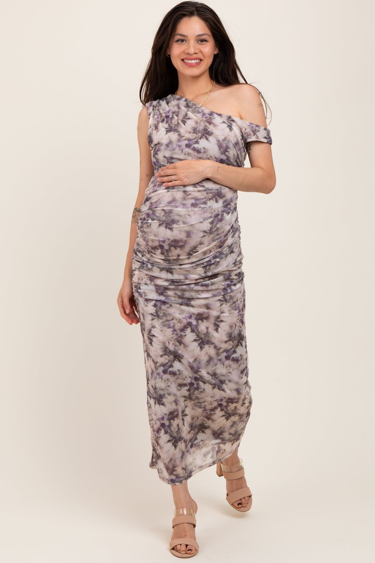 Purple Floral Ruched One Shoulder Maternity Midi Dress