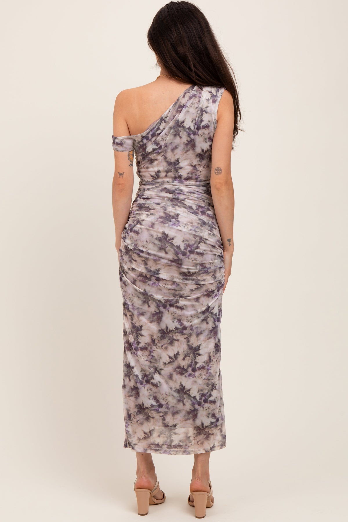 Purple Floral Ruched One Shoulder Maternity Midi Dress