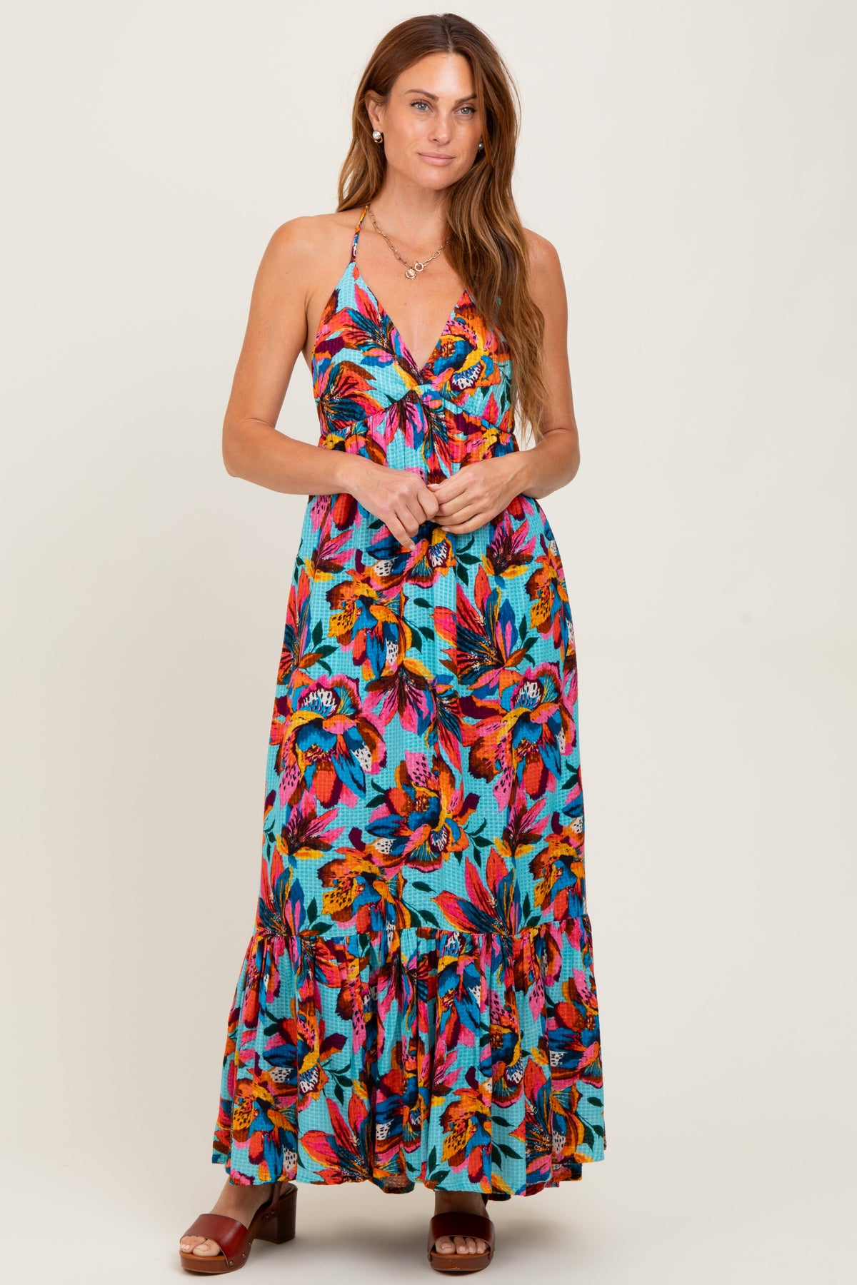 Multicolor Floral Deep V-Neck Halter Maternity Maxi Dress